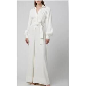 CO Jumpsuit Belted Collared Long Sleeve Wide Leg Viscose Twill Ivory White M